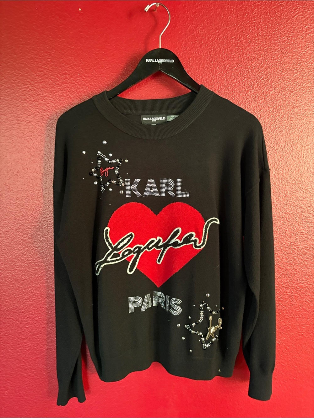 Karl Lagerfeld Black Sweater with Red Heart and Embellished Logo